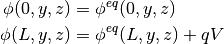 \phi(0, y, z) &= \phi^{eq}(0,y,z)\\
\phi(L, y, z) &= \phi^{eq}(L,y,z) + qV